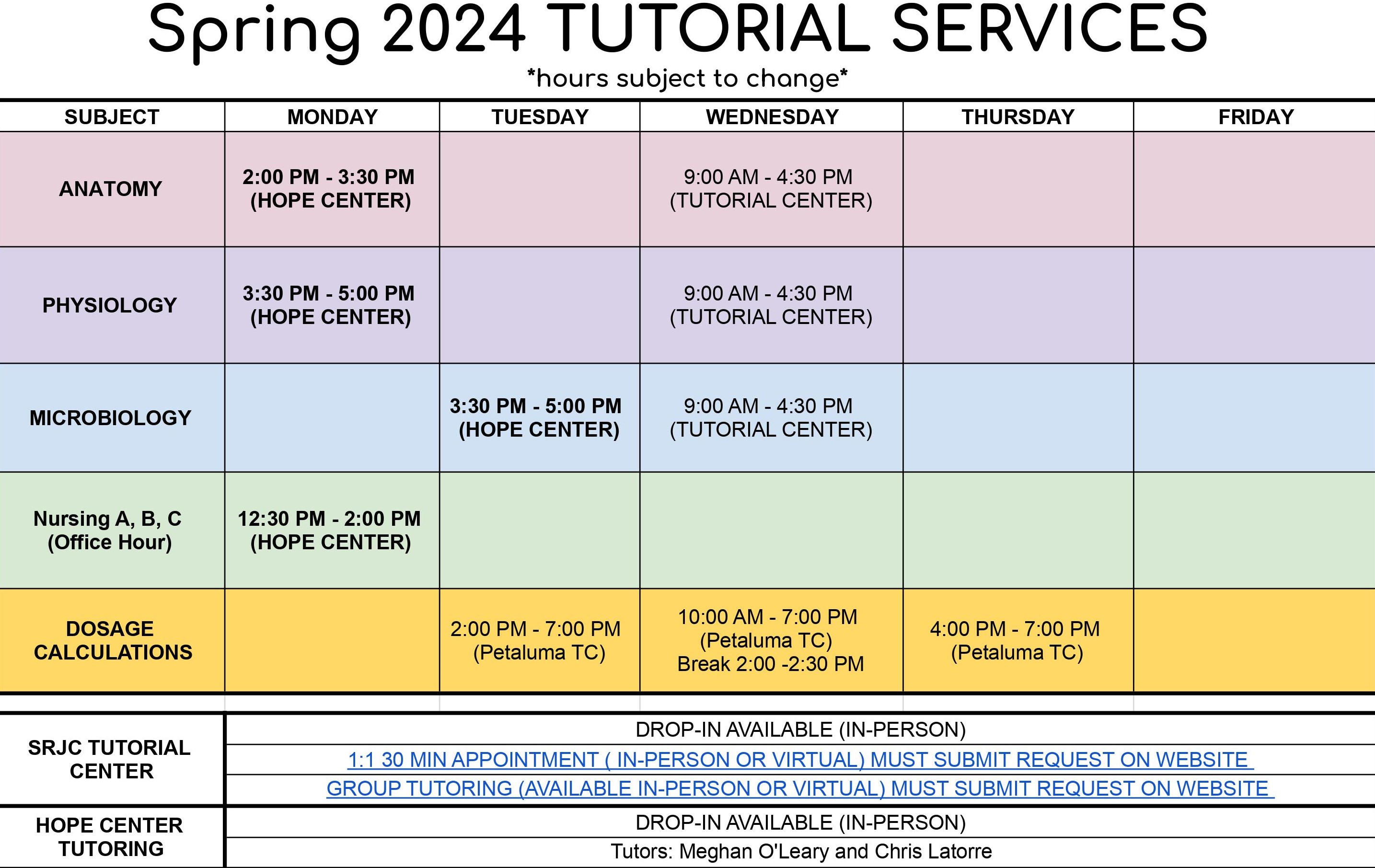 Spring 2024 Tutoring Schedule